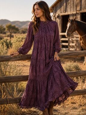 LIKE NEW Long Sleeve Paisley Maxi Boho Dress